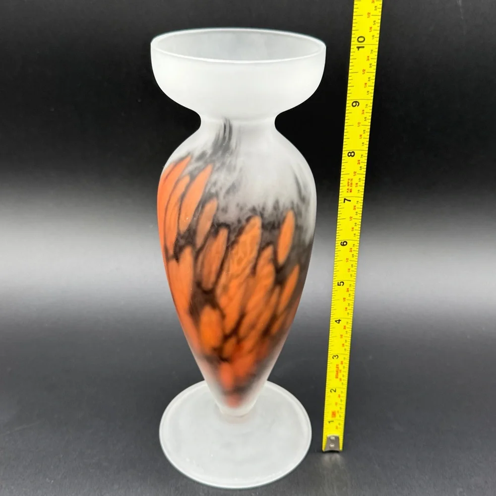Tarnowiec Frosted Glass Orange and Black Vase Hand Blown Art Glass 10